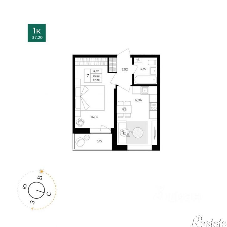 1-комн квартира в новом доме улица Комкора Хрипина