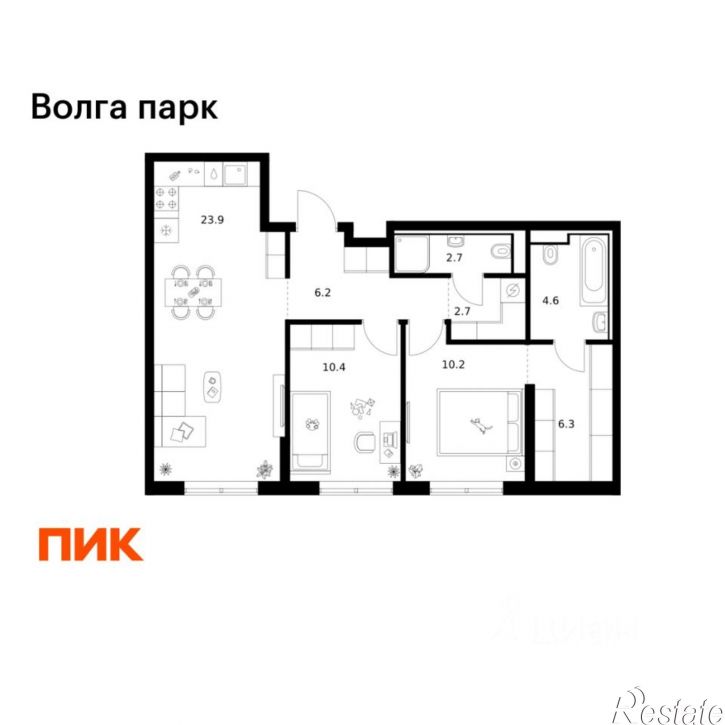 2-комн квартира в новом доме район Сокол, 1-й микрорайон, ЖК Волга Парк