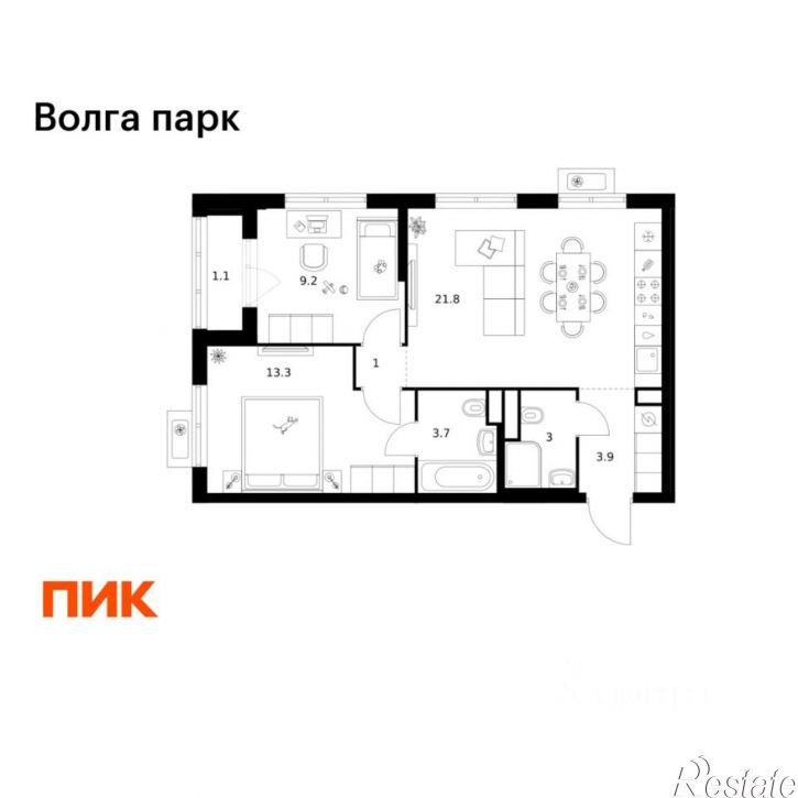 2-комн квартира в новом доме район Сокол, 1-й микрорайон, ЖК Волга Парк