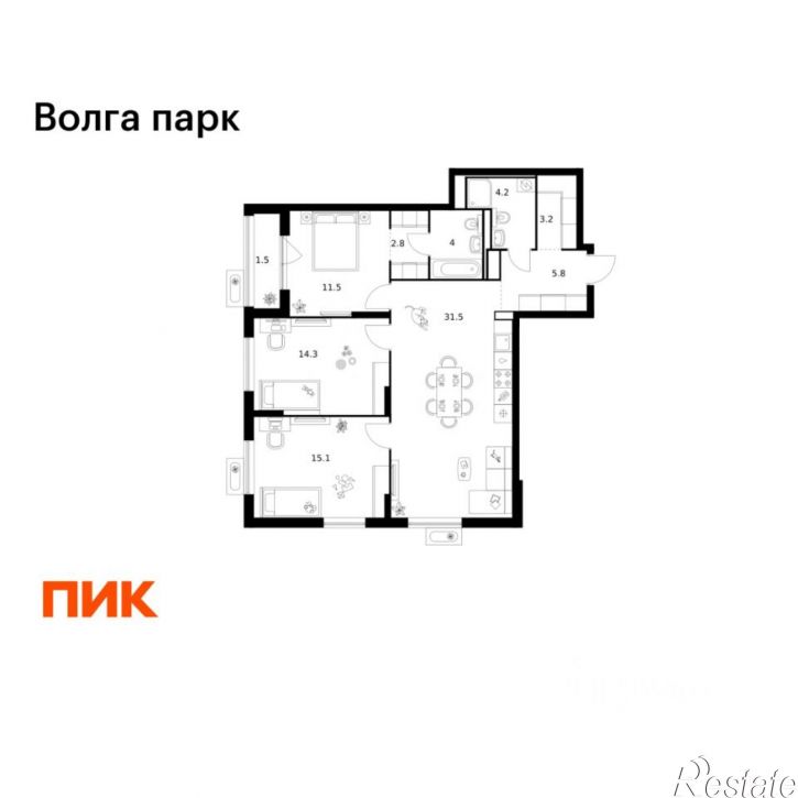 3-комн квартира в новом доме район Сокол, 1-й микрорайон, ЖК Волга Парк, 2В