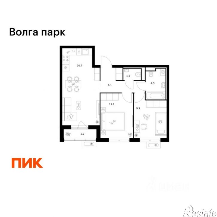 2-комн квартира в новом доме район Сокол, 1-й микрорайон, ЖК Волга Парк
