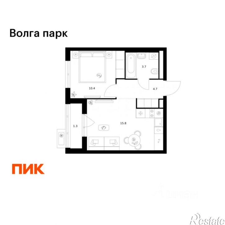 1-комн квартира в новом доме район Сокол, 1-й микрорайон, ЖК Волга Парк