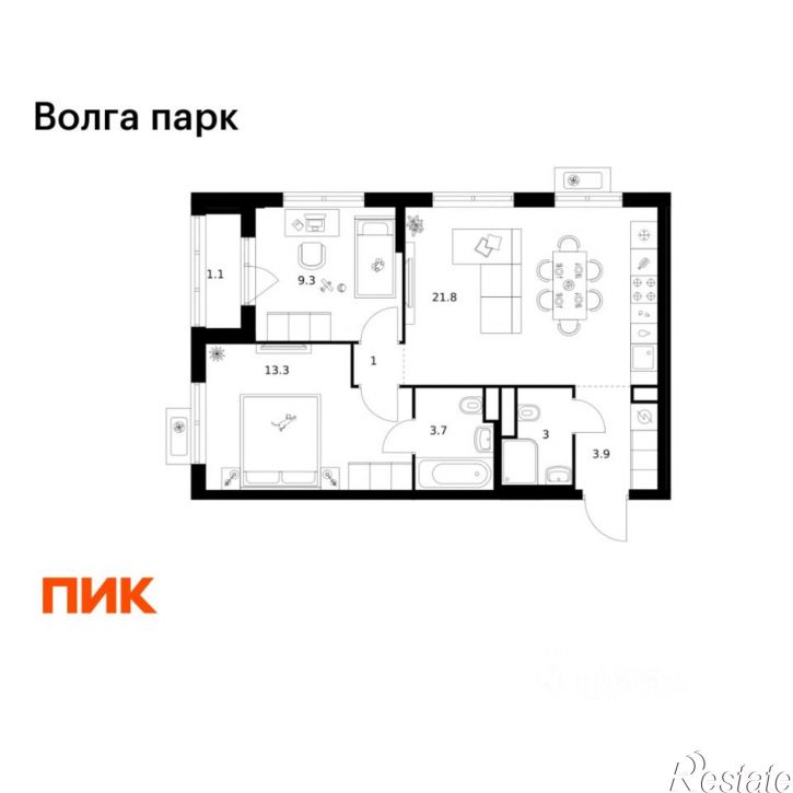 2-комн квартира в новом доме район Сокол, 1-й микрорайон, ЖК Волга Парк