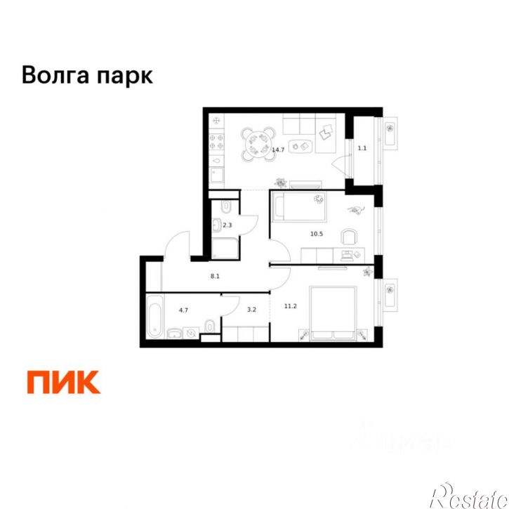 2-комн квартира в новом доме район Сокол, 1-й микрорайон, ЖК Волга Парк