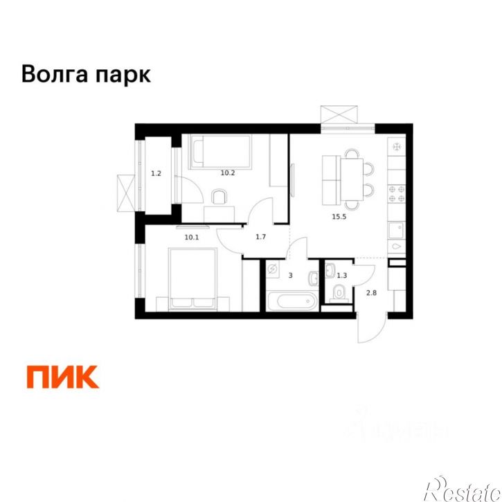 2-комн квартира в новом доме район Сокол, 1-й микрорайон, ЖК Волга Парк, 1В
