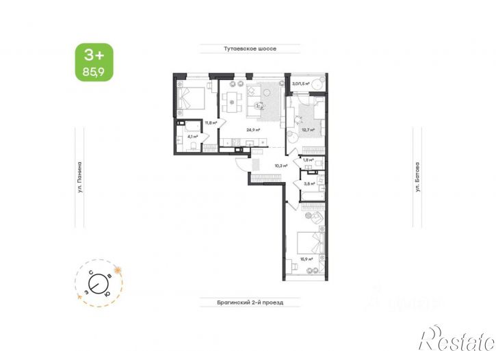 3-комн квартира в новом доме Тутаевское шоссе, 93Б