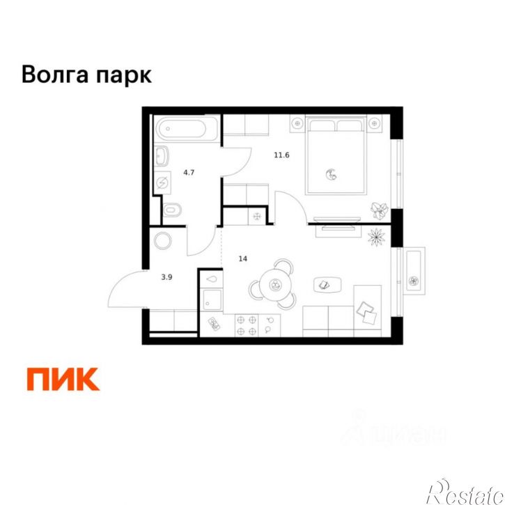 1-комн квартира в новом доме район Сокол, 1-й микрорайон, ЖК Волга Парк