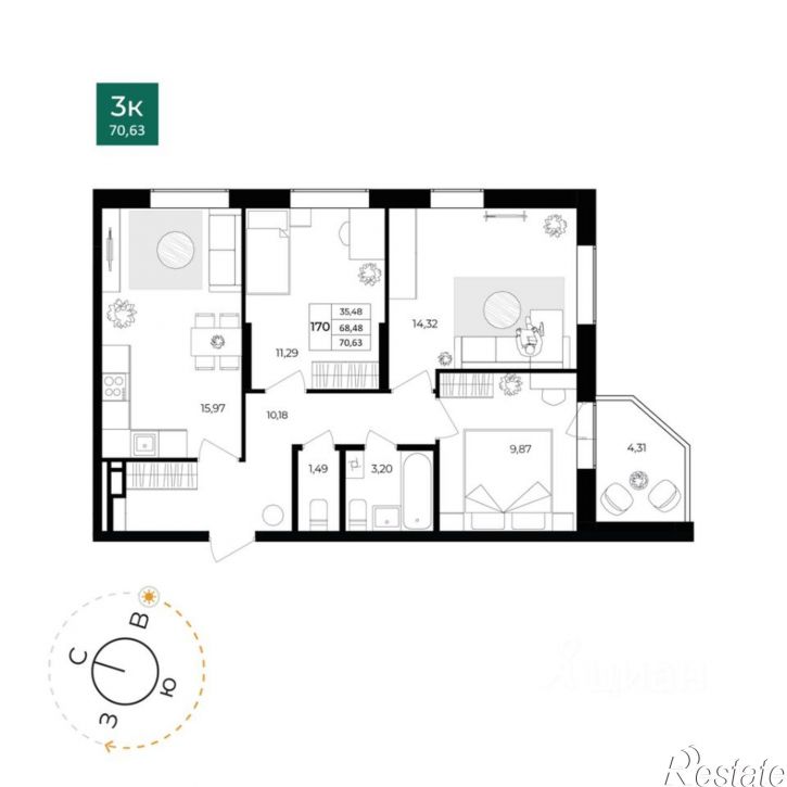 3-комн квартира в новом доме ул Комкора Хрипина, 3 5,  д. 3 5,  к. 5