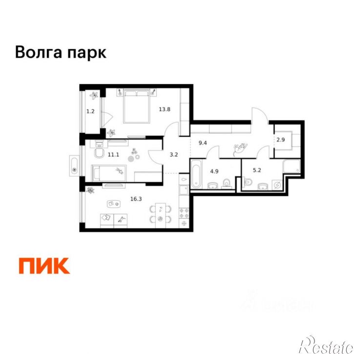 2-комн квартира в новом доме район Сокол, 1-й микрорайон, ЖК Волга Парк, 2В