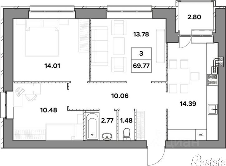 3-комн квартира в новом доме улица Шевелюха, 124