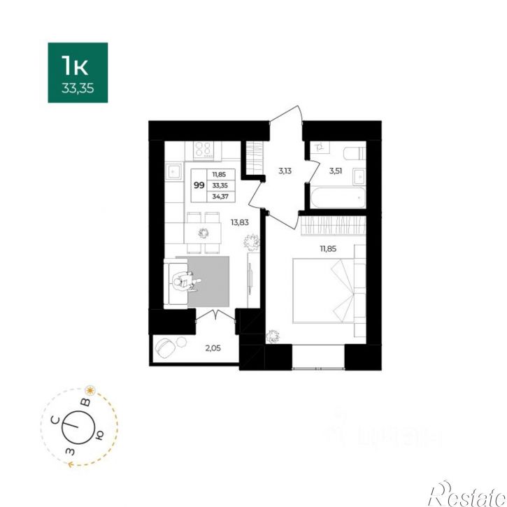 1-комн квартира в новом доме ул Комкора Хрипина, 3 5,  д. 3 5,  к. 5