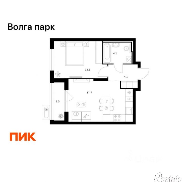 1-комн квартира в новом доме район Сокол, 1-й микрорайон, ЖК Волга Парк, 2В