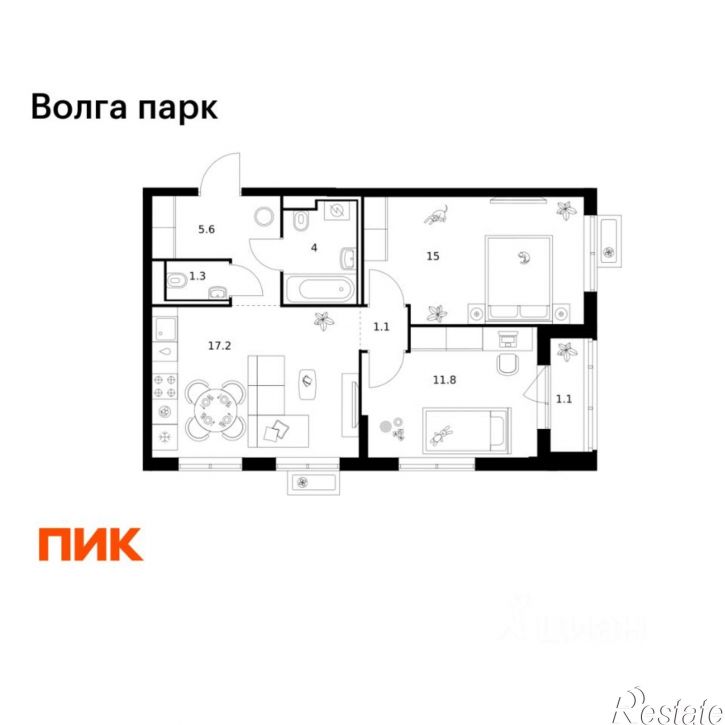 2-комн квартира в новом доме район Сокол, 1-й микрорайон, ЖК Волга Парк
