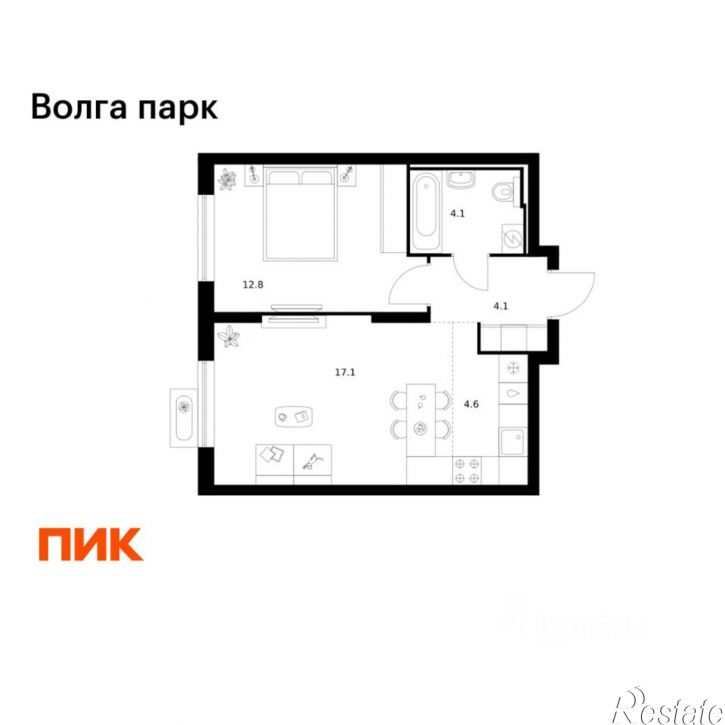 1-комн квартира в новом доме район Сокол, 1-й микрорайон, ЖК Волга Парк, 2В
