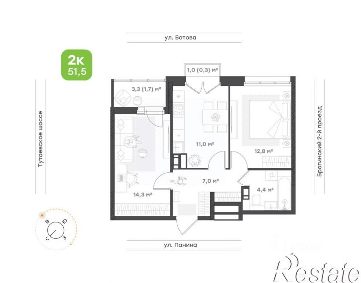 2-комн квартира в новом доме Тутаевское шоссе, 93Б,  д. 93Б